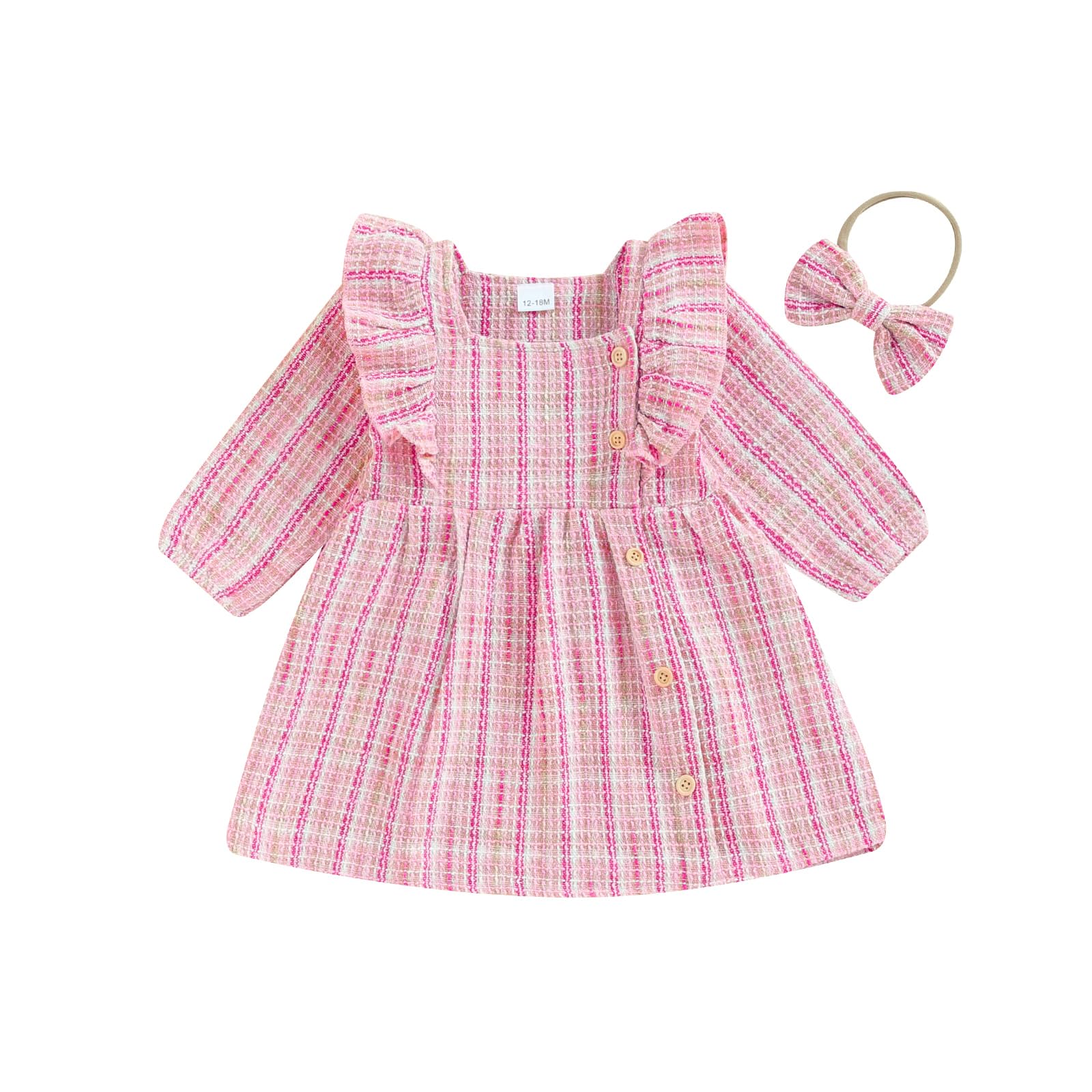 Madjtlqy Toddler Girls Dress Square Neck Ruffles Buttons Long Sleeve Tweed Dress Fall Baby Clothes with Headband (Pink, 4-5 Years)