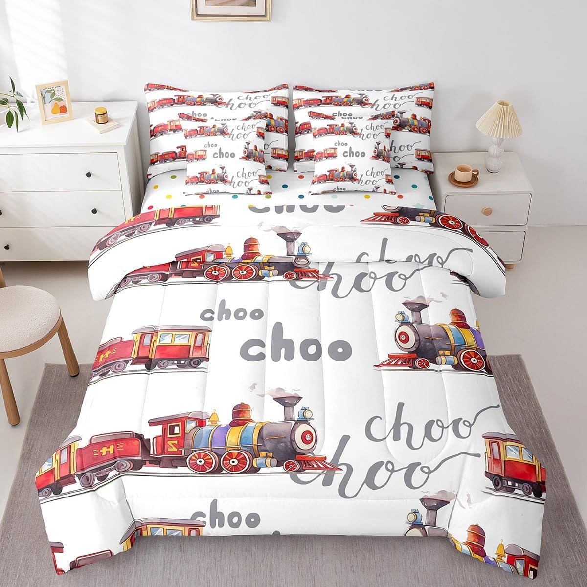 Erosebridal Red Train Queen Bed in A Bag with Sheets 7 Piece Retro Steam Engine Comforter Set Watercolor Cartoon Car Bedding Sets for Kids Boys Girls Railway Track Transport Bed Sets