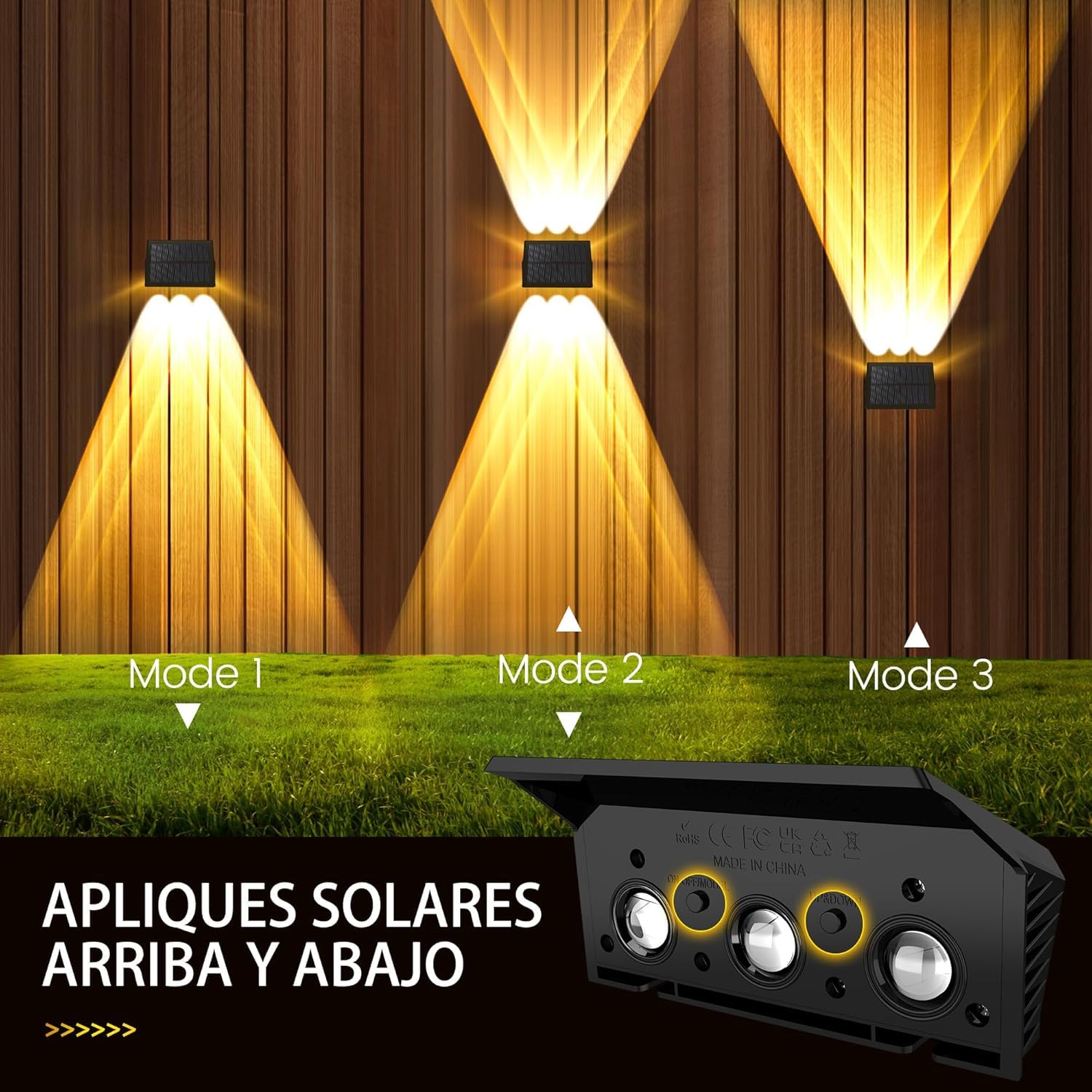 Aplique solar exterior, luces solares exterior para iluminación superior e inferior 6 LEDs, IP67 impermeable para jardín balcón Terraza luz solar exterior, blanco cálido Pack de 6 Unidades