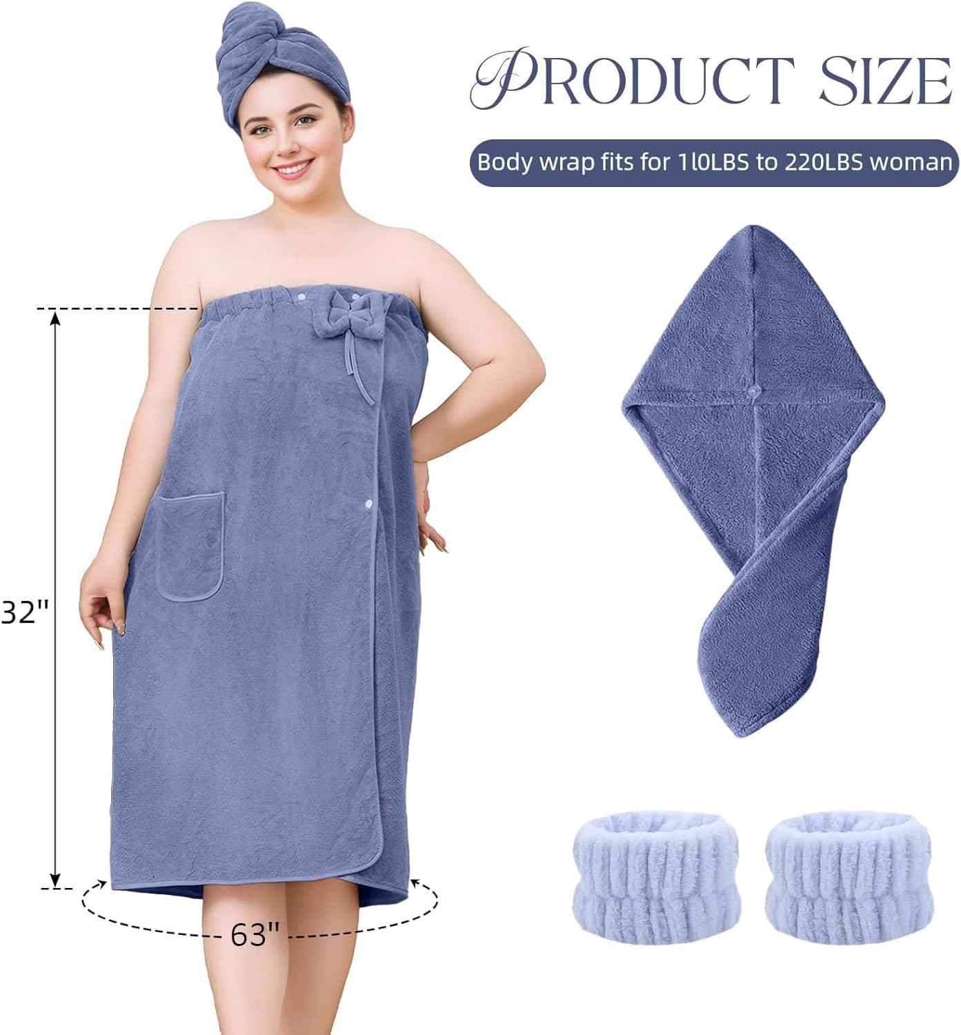 Towel Wrap for Women Plus Size-Wearable Shower Towel Wrap with Hair Towel Wristbands Closure Elastic Top Soft Adjustable Microfiber Dress Towel Spa Wraps for Women's Bathrobe（Blue） - Image 3