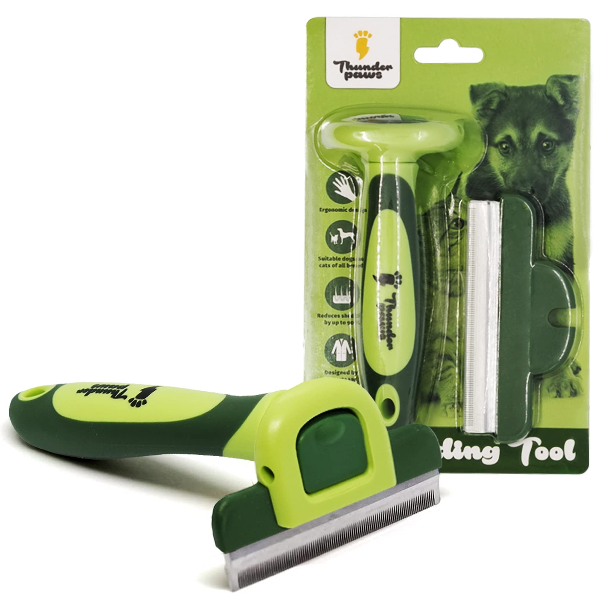 Thunderpaws Peine Profesional para Mascotas, Herramienta de Cuidado para Perros, D-Shedz para Razas de Perros, Gatos con Pelo Corto o Largo, Pequeño, Mediano y Grande (Verde)