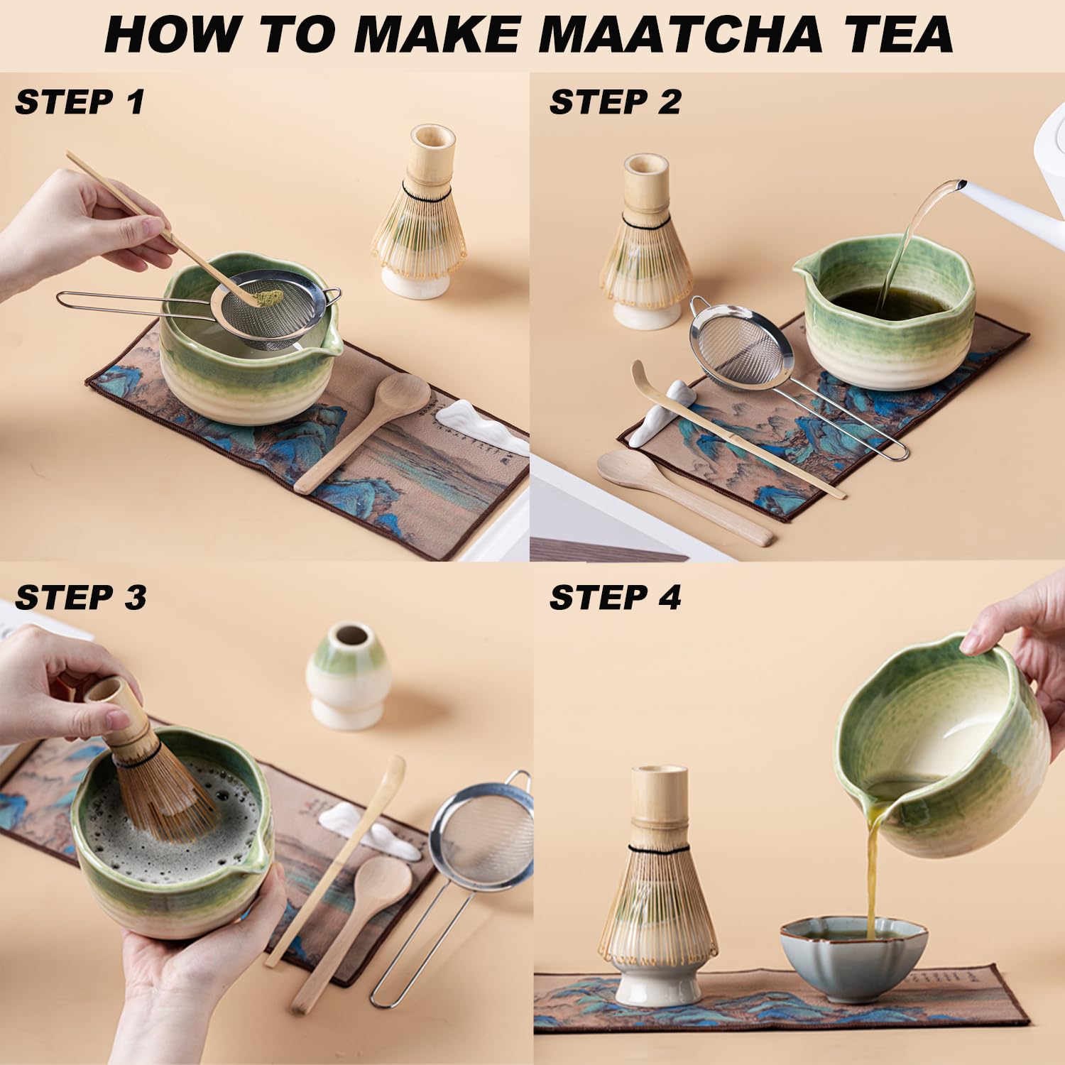 lomonmen Matcha set, 7-delige matcha-set, matcha-garde, matcha-lepel, matcha-kom, gardehouder, matcha-cadeauset voor theeceremonie