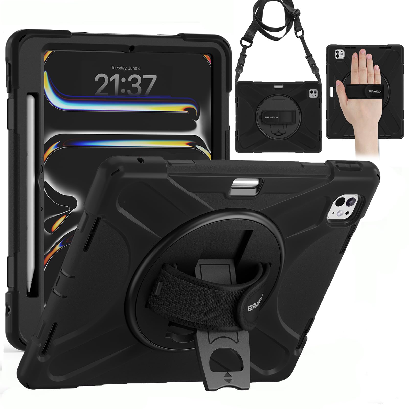 BRAECN for iPad Pro 13 Inch Case 2024 with Pencil Holder 360 Degree Rotating Hand Strap and Stand Shockproof Cover for iPad Pro13 7th Gen M4 with Adjustable Shoulder Straps