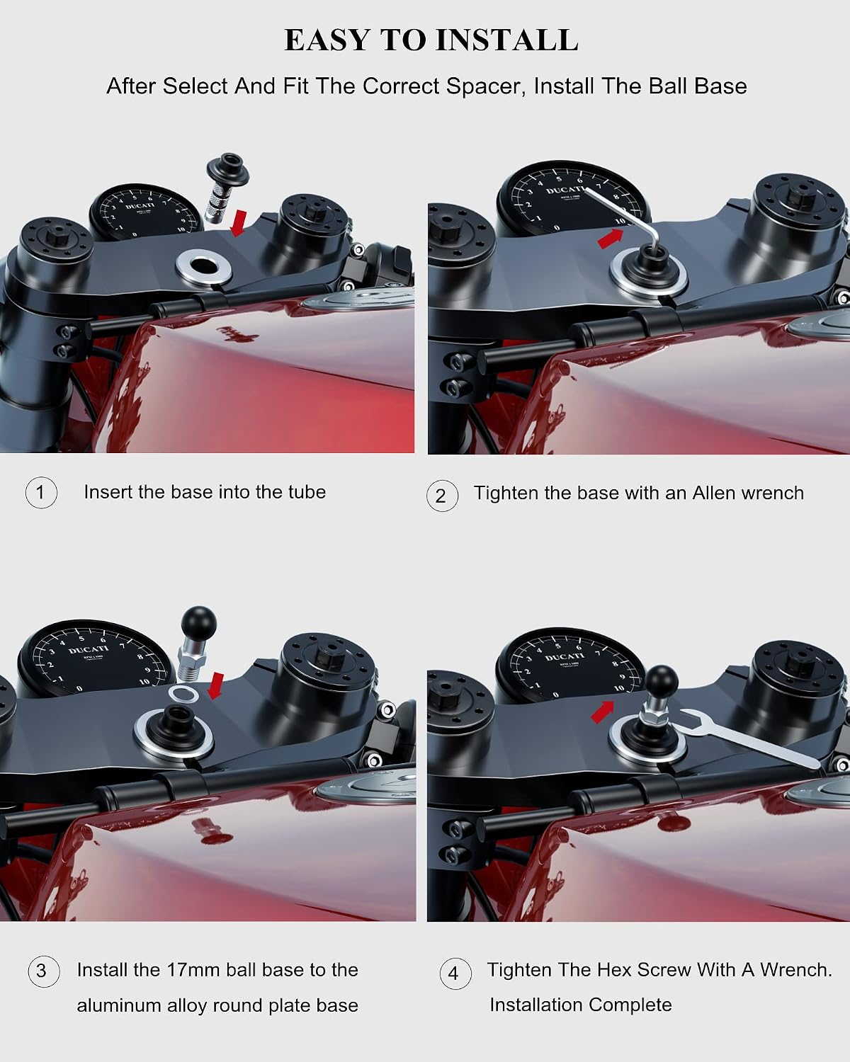 BRCOVAN Metal Motorcycle Fork Stem Mount Base with 17mm TPU Ball for Stems 12mm to 25.4mm in Diameter, Compatible Motorcycle Bike Phone Mount Holder with 17mm Ball Socket