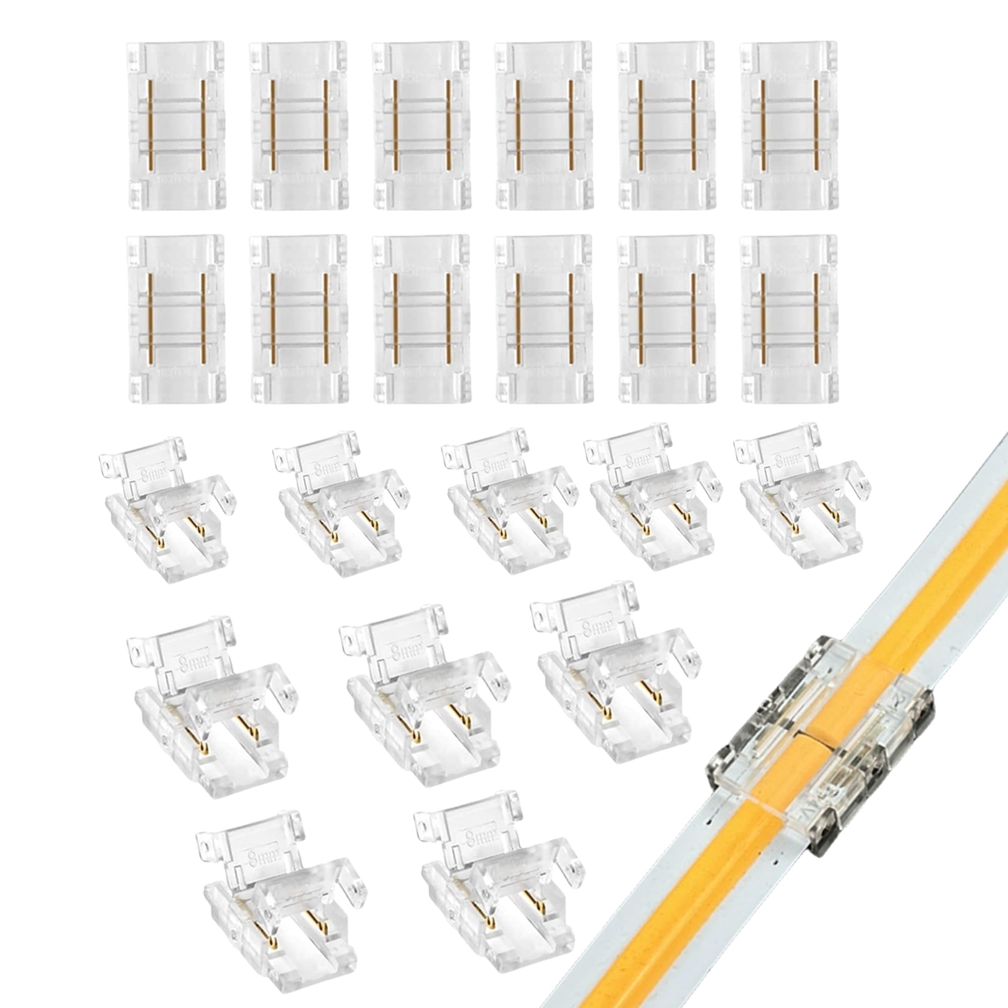 Clearhill 2Pin LED Light Strip Connectors,20Packs-8mm Solderless Quick Adapter for Single Color 5V/12V/24V LED Strips-Durable PVC & Copper,Transparent Terminal for Secure Connection