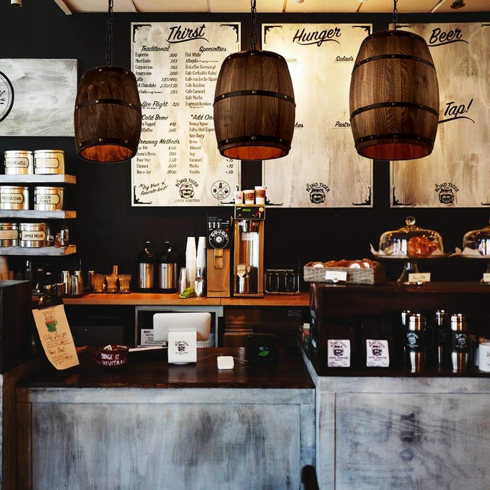 Free Shipping Offer Newrays Antique Wood Wine Barrel Pendant Lamp Hanging Rustic Unique Kitchen Bar Ceiling Lamp Light Fixtures (XS)