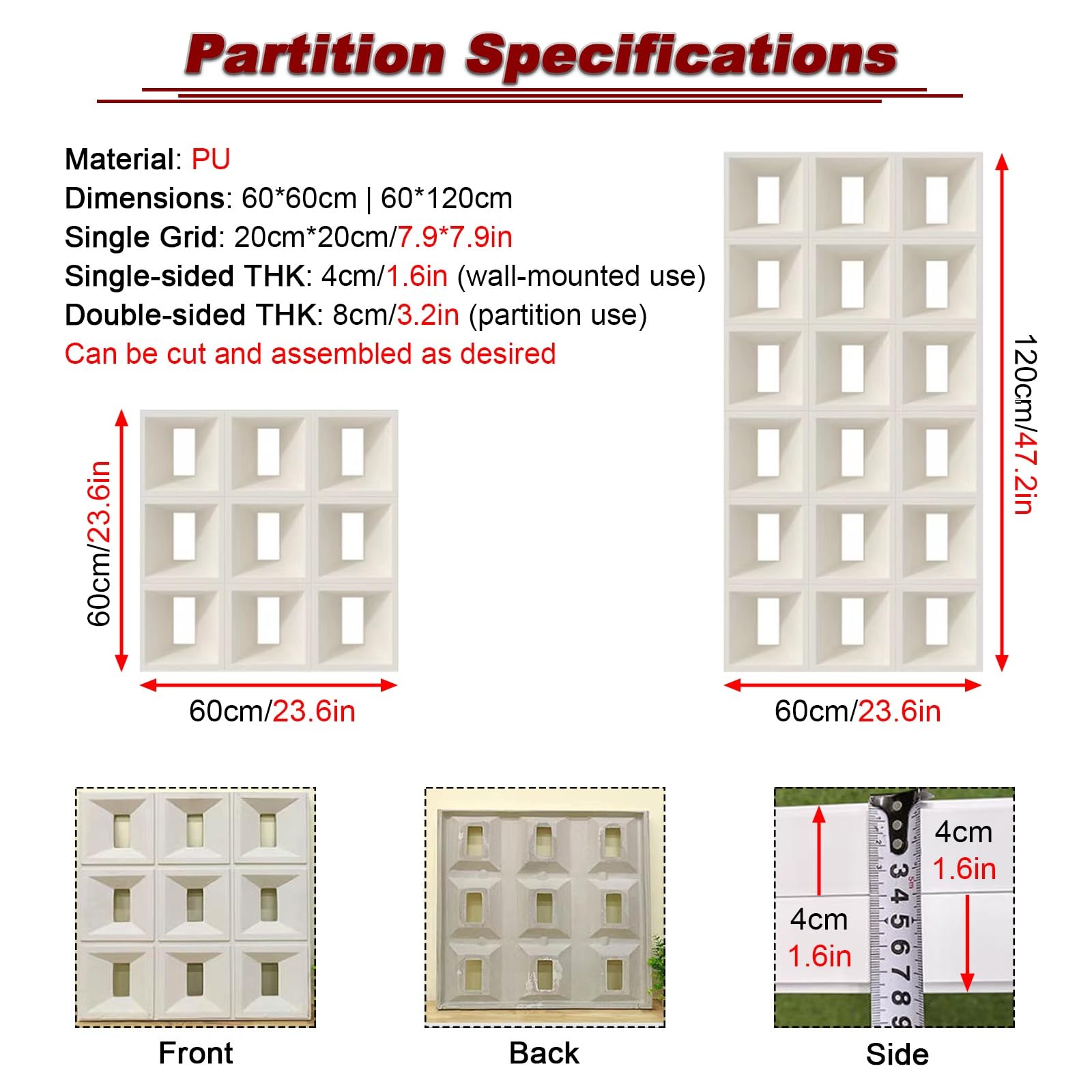 Tabique de Poliuretano Hueco, Panel de tabique de ladrillo Hueco de ABS/PU - Componentes Decorativos de Doble Cara para Pared de Fondo artística, Elegante diseño Calado para el hogar y la o