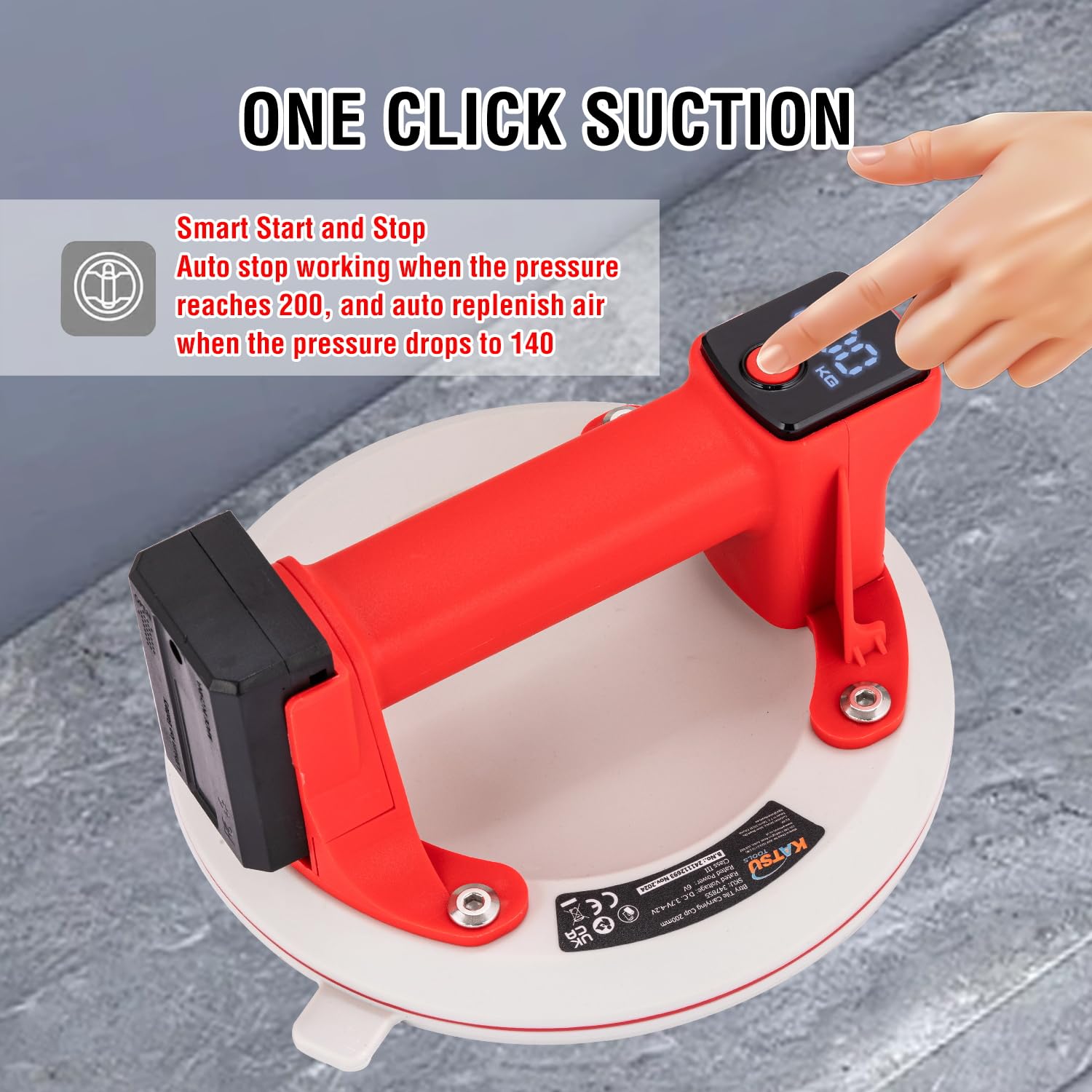 KATSU Tools 2 uds Ventosa Eléctrica 8", Pantalla Digital, Auto Start Stop, Silicona Triple Capa, Recargable, 200kg Carga, Elevador Cristal Azulejo en Estuche Plástico