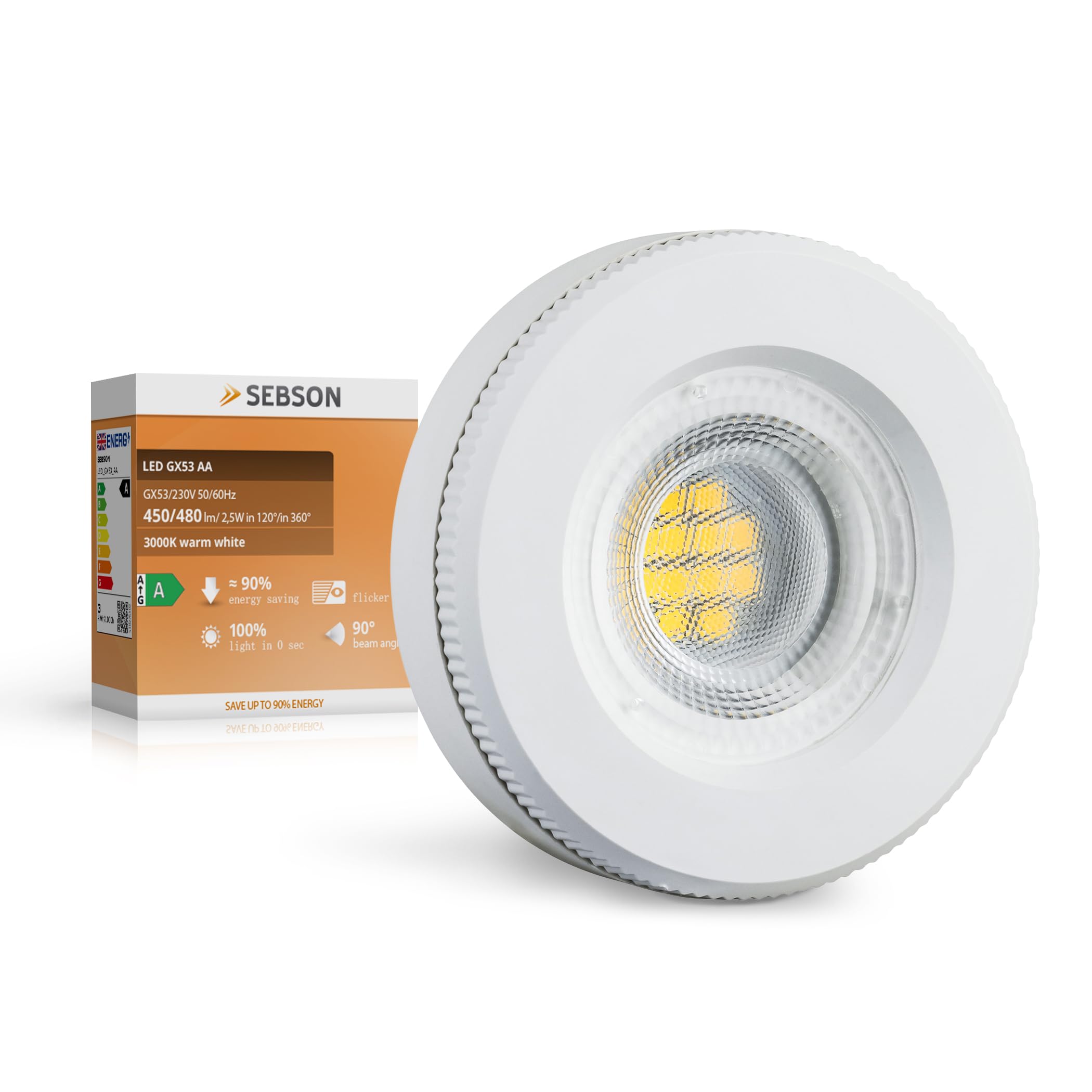 SEBSON Lampadina LED GX53 2,5W - Classe di Efficienza Energetica A | 450lm Bianco caldo 3000K, sostituisce Alogena 40W, Lampada LED piatta Ø73x27mm, 230V, Set da 10