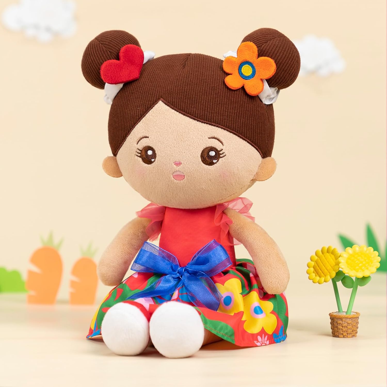 OUOZZZ 10“ Soft Baby Doll for Girls & 12.6" Plush Rag Dolls Red Floral Dress Toy - My First Baby Doll Birthday Gifts for Toddlers Kids Infants