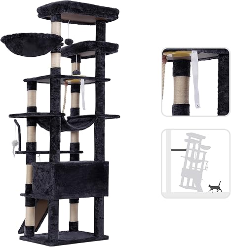 Miniatura 7 de Heybly Árbol alto para gatos, torre para gatos de varios niveles de 78 pulgadas para gatos de interior, 2 perchas de felpa ampliadas para gatos con