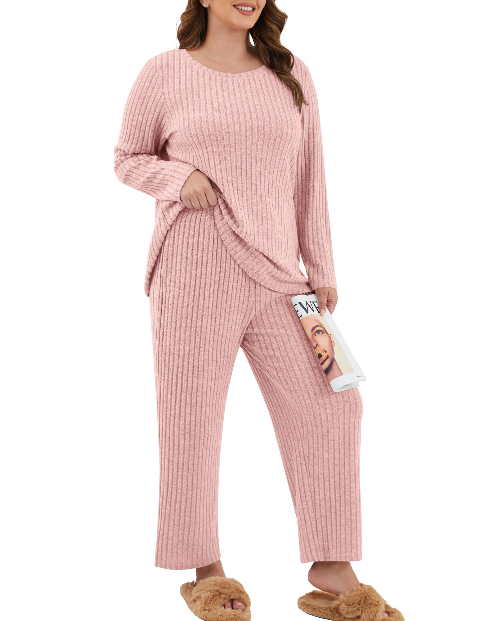 Womens Plus Size Lounge Pajamas 2 Piece Pj Sets Soft Long Sleeve Ribbed Tops Wide Leg Pants with Pockets