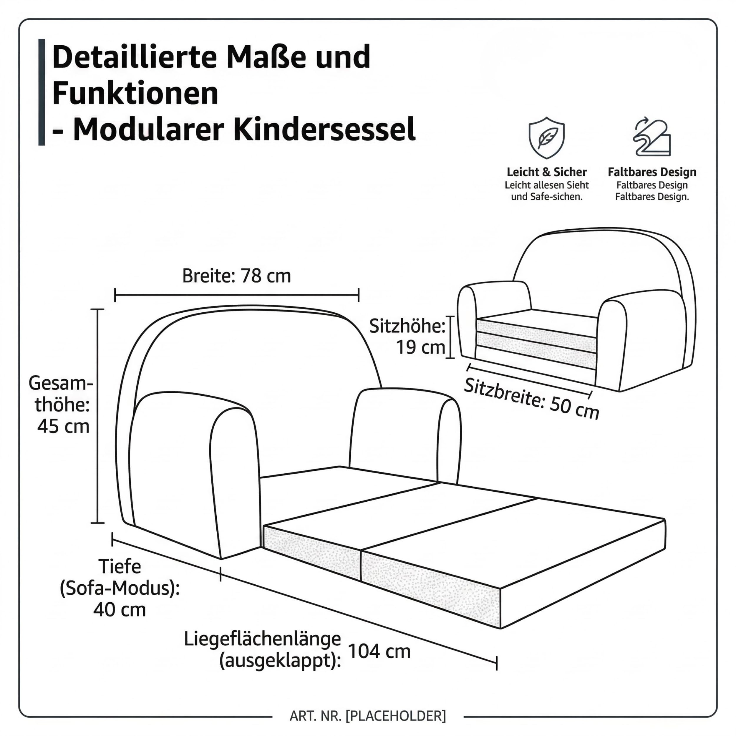 FORTISLINE Kindersofa ausklappbar 78x45x40 cm - Kindercouch aus Cord mit Liegefläche 104 cm, Mini Sofa für Kinderzimmer, Abnehmbarer waschbarer Bezug, Oeko-TEX Standard 100