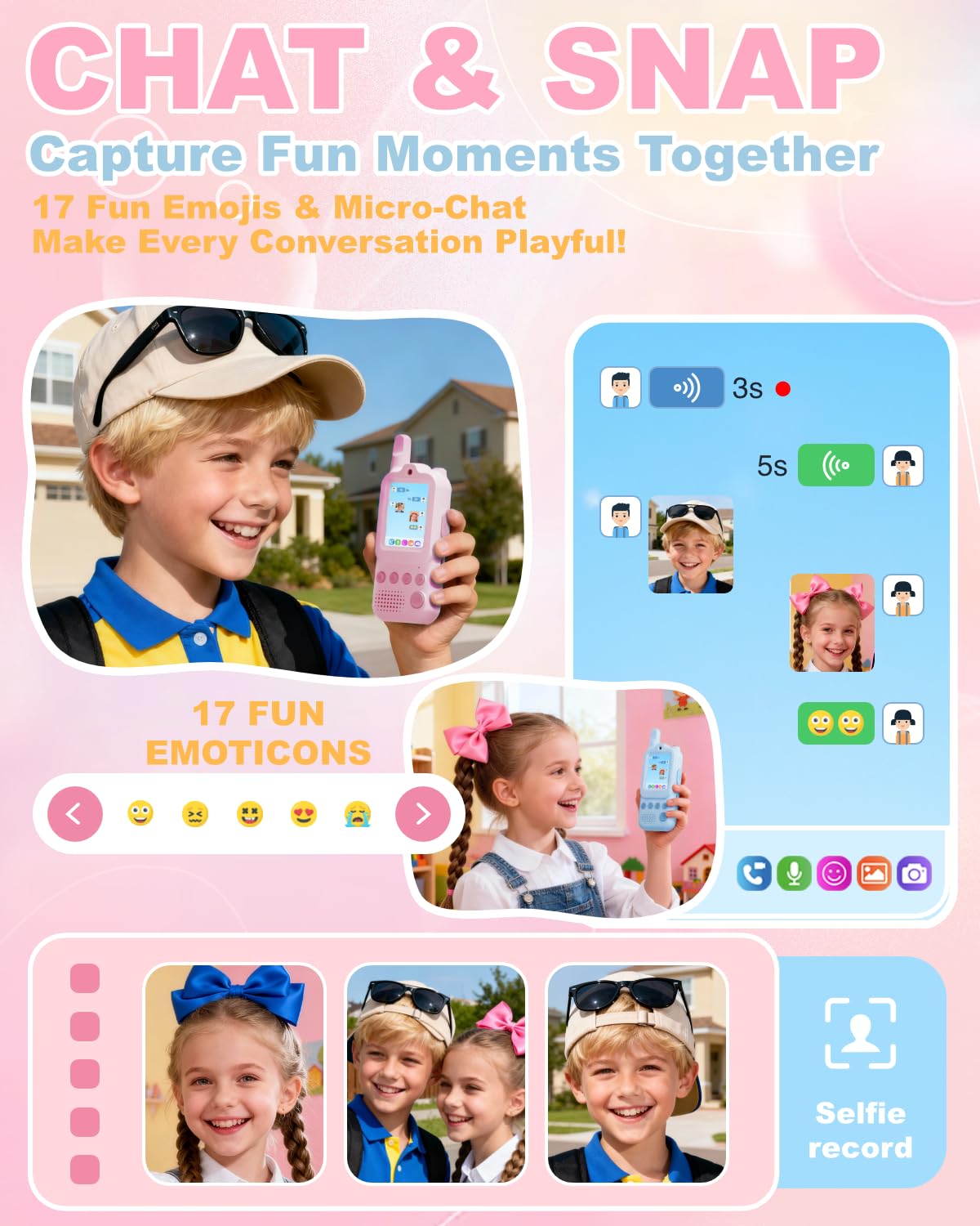 Video Walkie Talkies for Kids 2 Pack Rechargeable Video Intercom with Voice Changer, 1300FT Long Range Radios, Camping Hiking Toys, Birthday Gifts for Boys Girls Ages 3-12 (Pink&Blue)