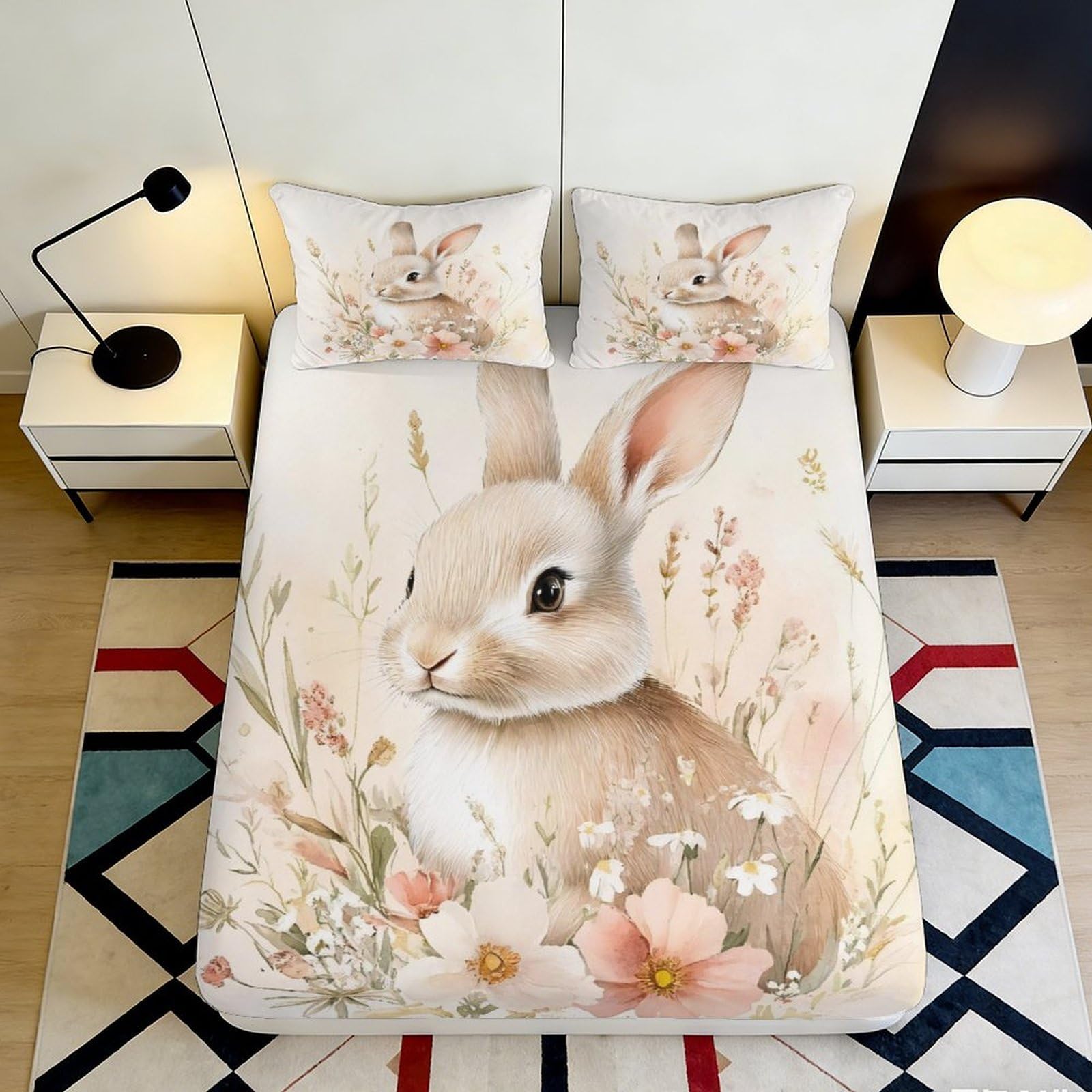 3D Printed Rabbit Meadow Fitted Sheet Microfiber Soft Floral Bunny Bed Cover for Bedroom Guest Room Decor 90x200x25cm