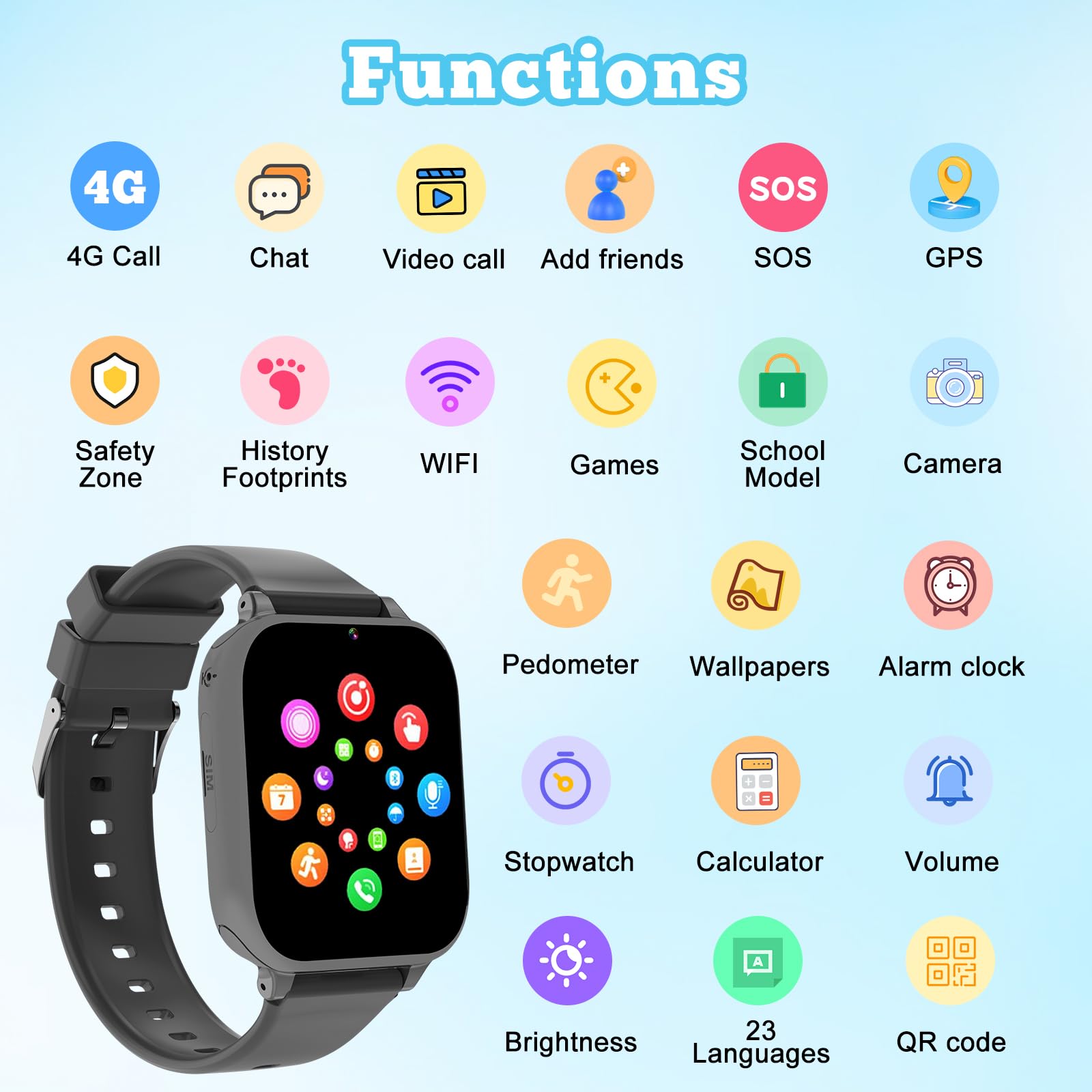 Smartwatch für Kinder mit 4G Videoanruf, Voice Chat, Anruffunktion, Schulmodus, GPS, Spiele, Wecker, 2x Uhrarmband‌, Telefonuhr Uhr Kinder Geschenk für Mädchen Jungen 4-12 Jahren (Schwarz-A5)