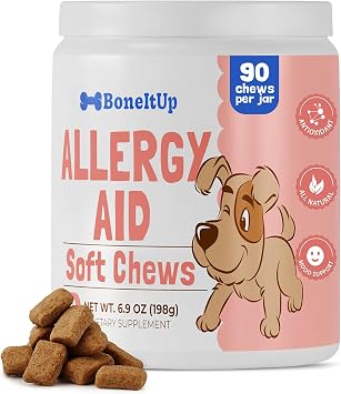 علكات BoneItUp الناعمة لعلاج حساسية الكلاب والحكة والعطس ولعق المخالب والحساسية الموسمية - أوميجا 3 الأساسية والكركم والكيرسيتين لعلاج حساسية الكلاب - علاجات حساسية الكلاب المناعية والهضمية اليومية 90 قطعة