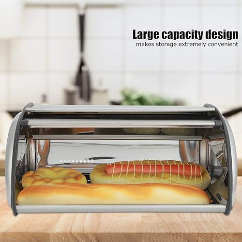 Miniatura 3 de Panera para encimera de cocina, soporte para panera de gran capacidad, contenedor de almacenamiento de pan de acero inoxidable con tapa enrollable