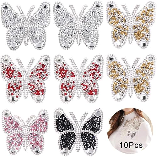10 parches pequeños de diamantes de imitación de mariposa con apliques de animales de cristal, calcomanías decorativas, sombrero, para ropa, bolsa,