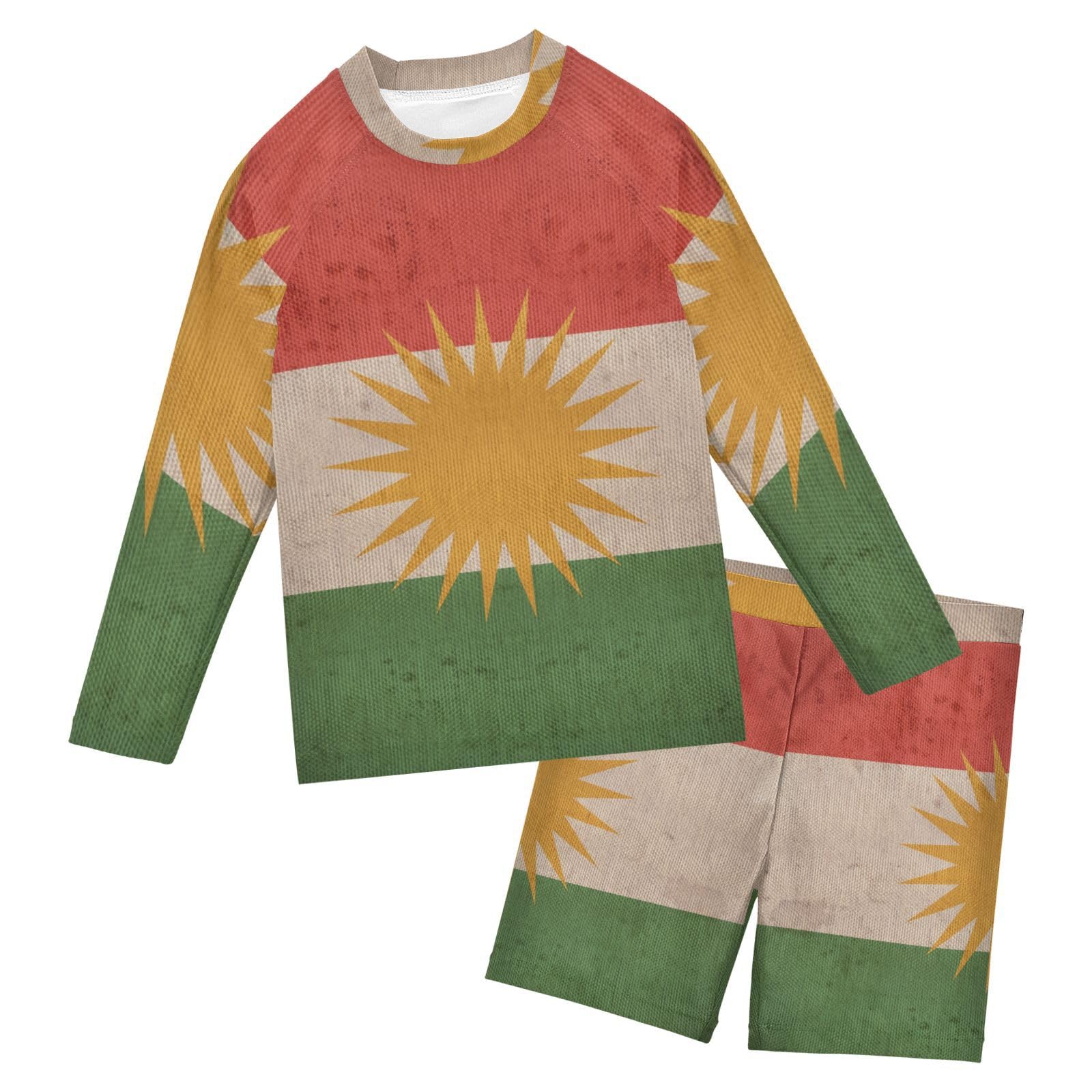 Aflyko Patriot Boys Girls Rash Guard Set Kurdistan Flag Vintage Swim Outfit Pollover Bathing Suit Fishing Sun Shirt Quick Dry Swimming Surfing Shorts, 9-10T Multicoloured