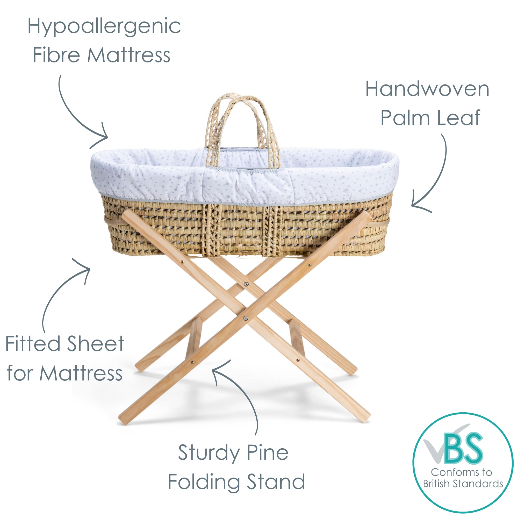 Clair de Lune Star & Stripes Essential Moses Basket Special Buy Bundle 75 x 28 cm