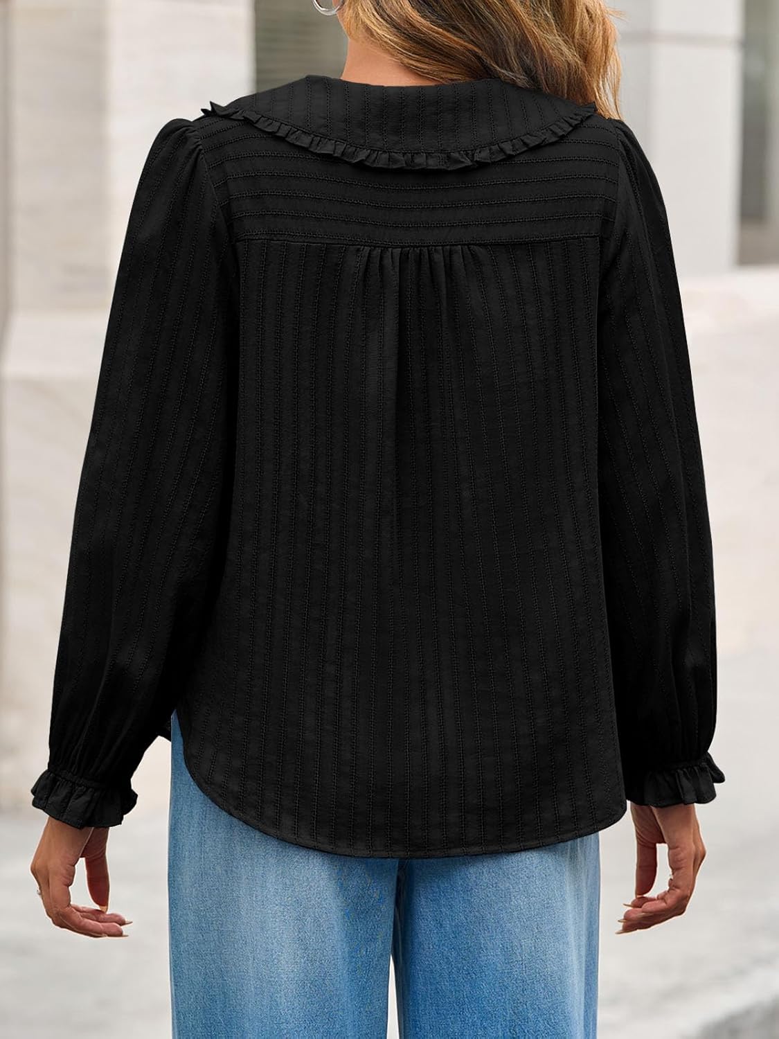 Tankaneo Womens Peter Pan Collar Shirts Puff Long Sleeve Button Down Cotton Blouse Casual Fall Textured Tops - Image 6