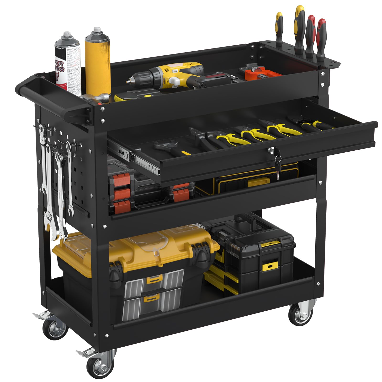 3 Tier Heavy Duty Rolling Tool Cart with Drawers, Large Storage Utility Cart on Wheels for Garage, Warehouse, Repair Shop (Black)