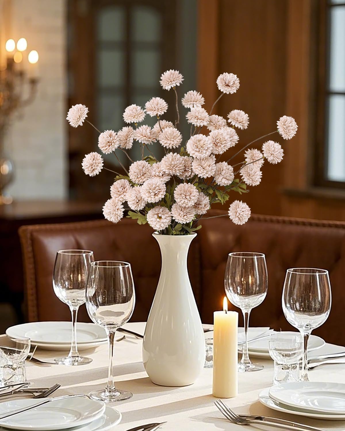 DuHouse 9pcs Artificial Flowers Faux Silk Pompon Mum,Silk Small Mini Chrysanthemum Ball with Stems for Wedding DIY Champagne Arrangements Bouquets Centerpieces Home Decorations(Beige)