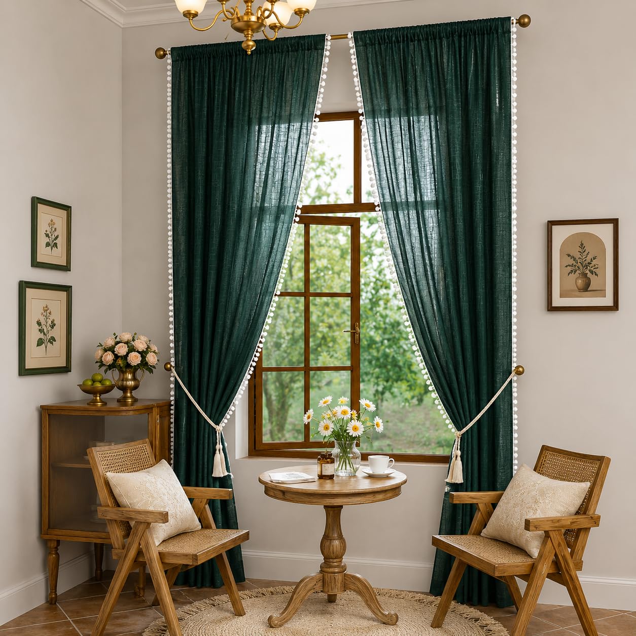 THE LINEN COMPANY Cotton Curtains Net Curtains with Pom Pom Lace Rod Pocket Sheer Curtains Light Filtering Window Curtains Living Room Curtains Sea Green 10 Ft Pack of 2