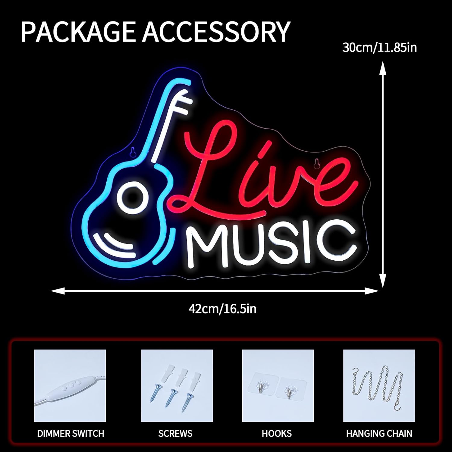 Live Music Neon Sign for Wall Decor - Dimmable LED Light for Studio, Guitar, Bar, Concert, Party, Man Cave - Room Decoration Gift
