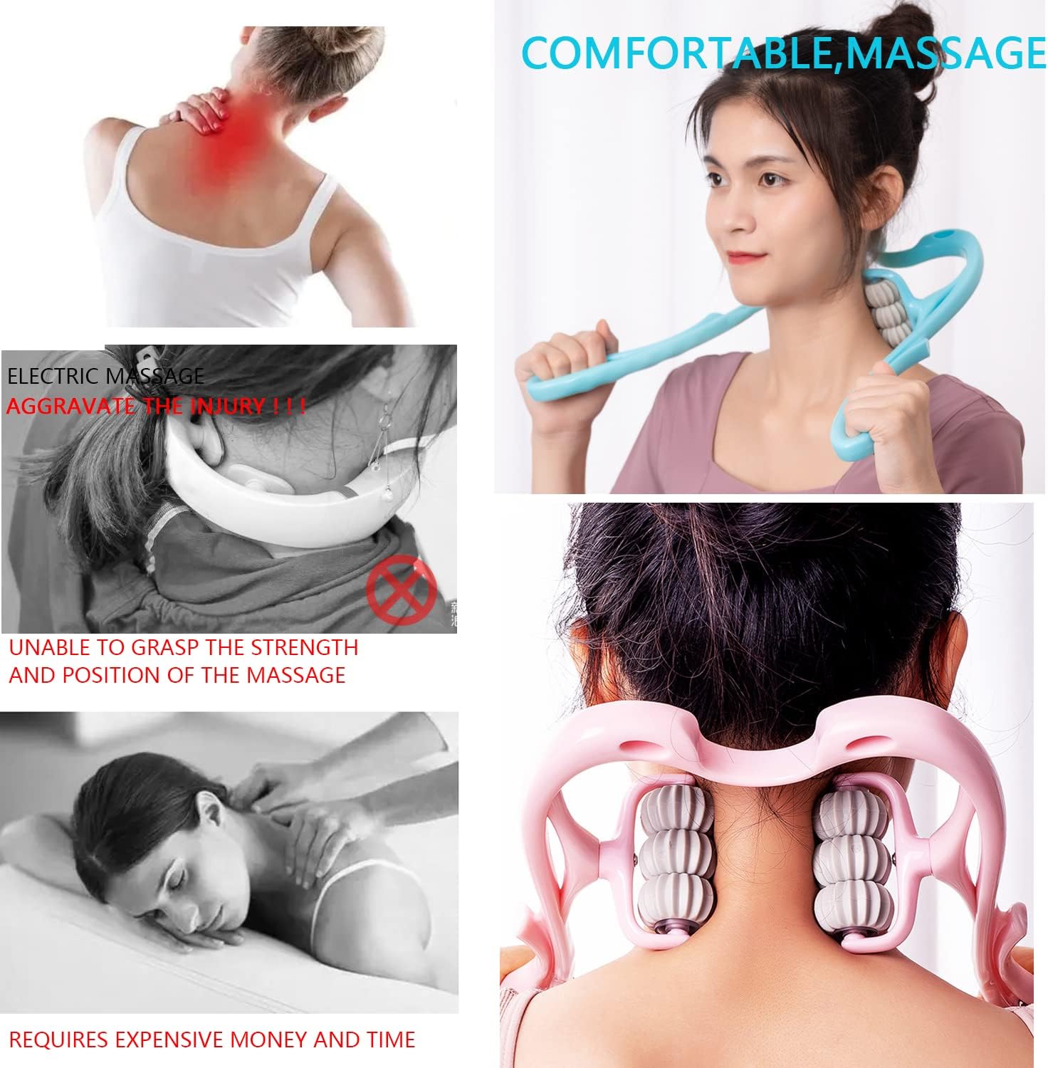 HaSeftni Neck Massager, Trigger Point Roller Massager for Pain Relief deep Tissue Handheld Shoulder Massager Tool with 6 Balls Massage Point Suitable for Legs Waist Neck and Shoulder Relaxer (Pink)