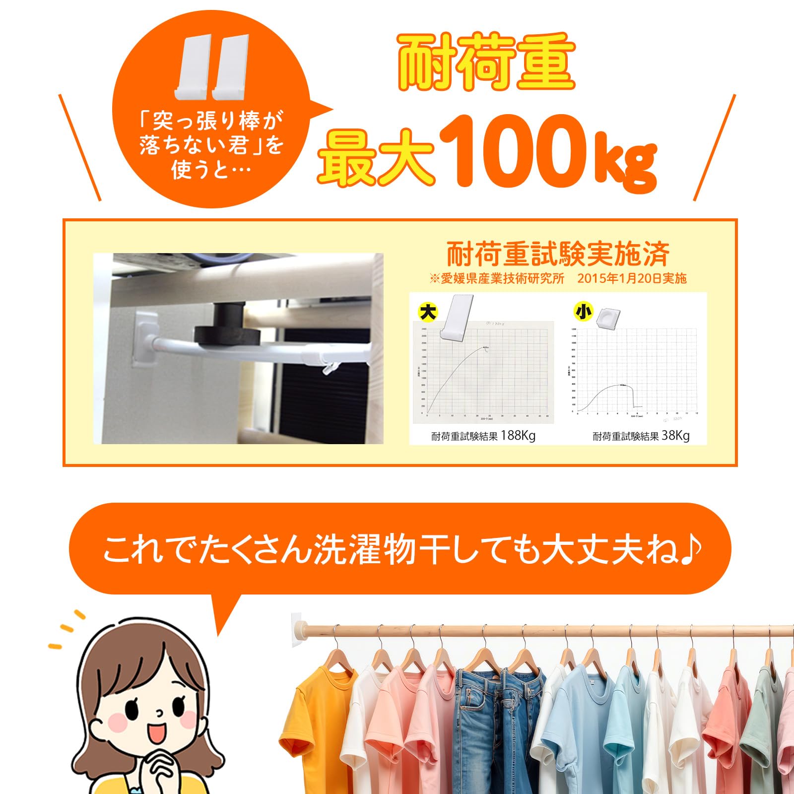Amazon｜突っ張り棒が落ちない君 大 2個入り 強力 補強 洗濯物 室内