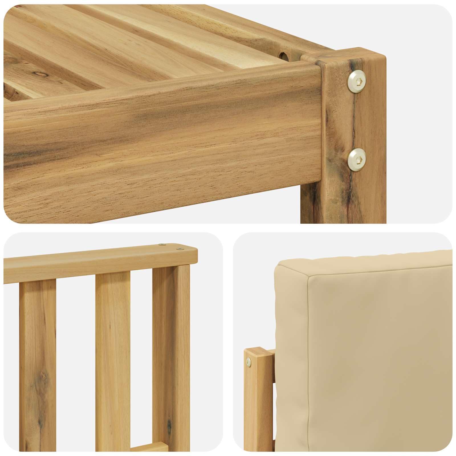 Gartenmöbelgarnitur 7-teilig aus massivem Akazienholz wetterfestes Design für Terrasse Balkon und Garten, inklusive Tisch, Hocker, Sofas, Sitzkissen und Rückenlehnen