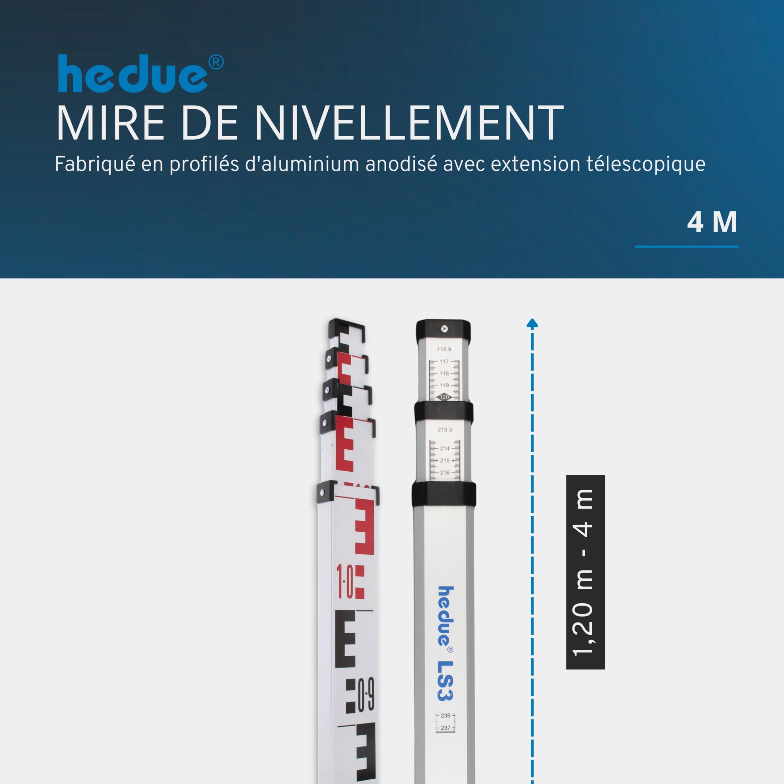 Mire de nivellement 4 m - Mire pour les travaux de nivellement sur les chantiers et pour mesurer les dimensions de la lumière, avec extension télescopique