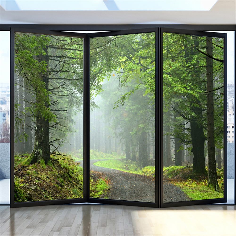 Statisch haftende Fensterfolie, Sichtschutz, Wärmeregulierung, Anti-UV-Schutz, Fensteraufkleber, natürliche Landschaft, Wald, 2 dekorative mattierte Fensterfolien, 80 x 185 cm (B x H)