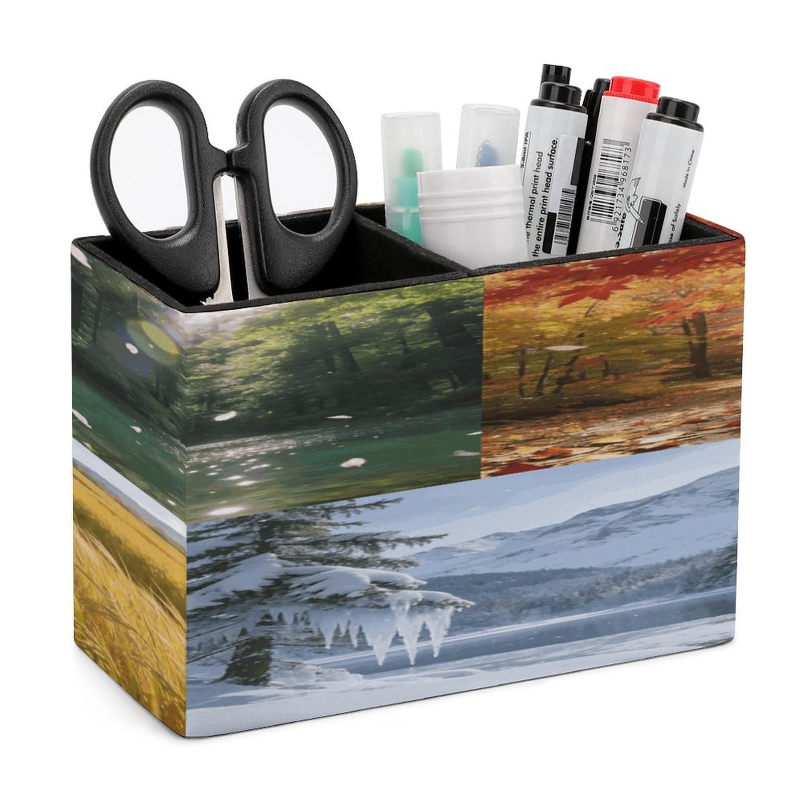 LZQPOEAS Scenery of The Four Seasons Pen Holder Double Compartments Pen Cup Makeup Brush Holders Leather Pencil Holder Locker Organizer for Work Locker Accessories Modern Pencil Cup for Desk
