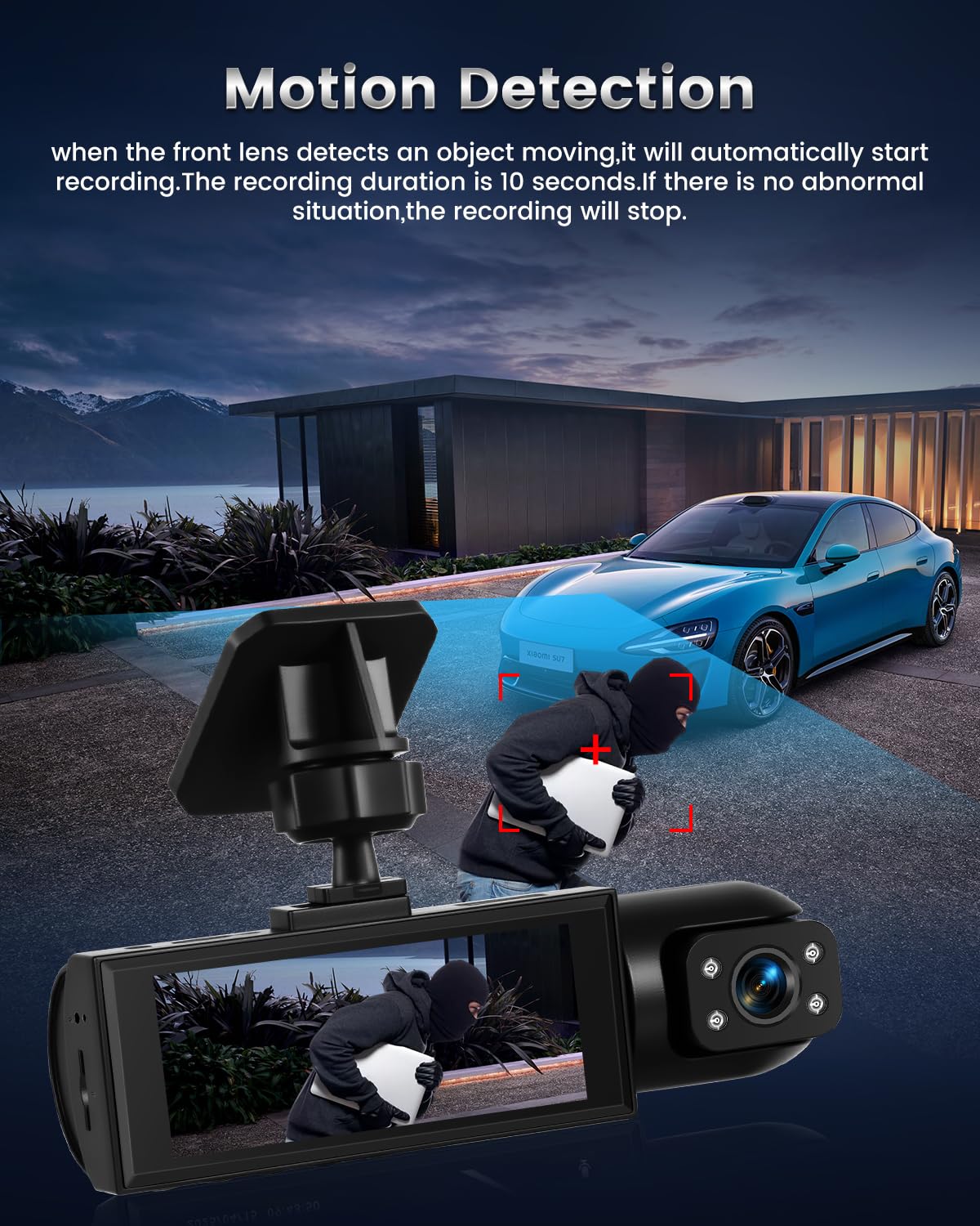 NHOPEEW Cámara Dual para salpicadero con cámara de 1080p - Cámara Frontal para salpicadero de 3,16 Pulgadas con grabación en Bucle, visión Nocturna, detección de Movimiento y Tarjeta TF de 64 GB