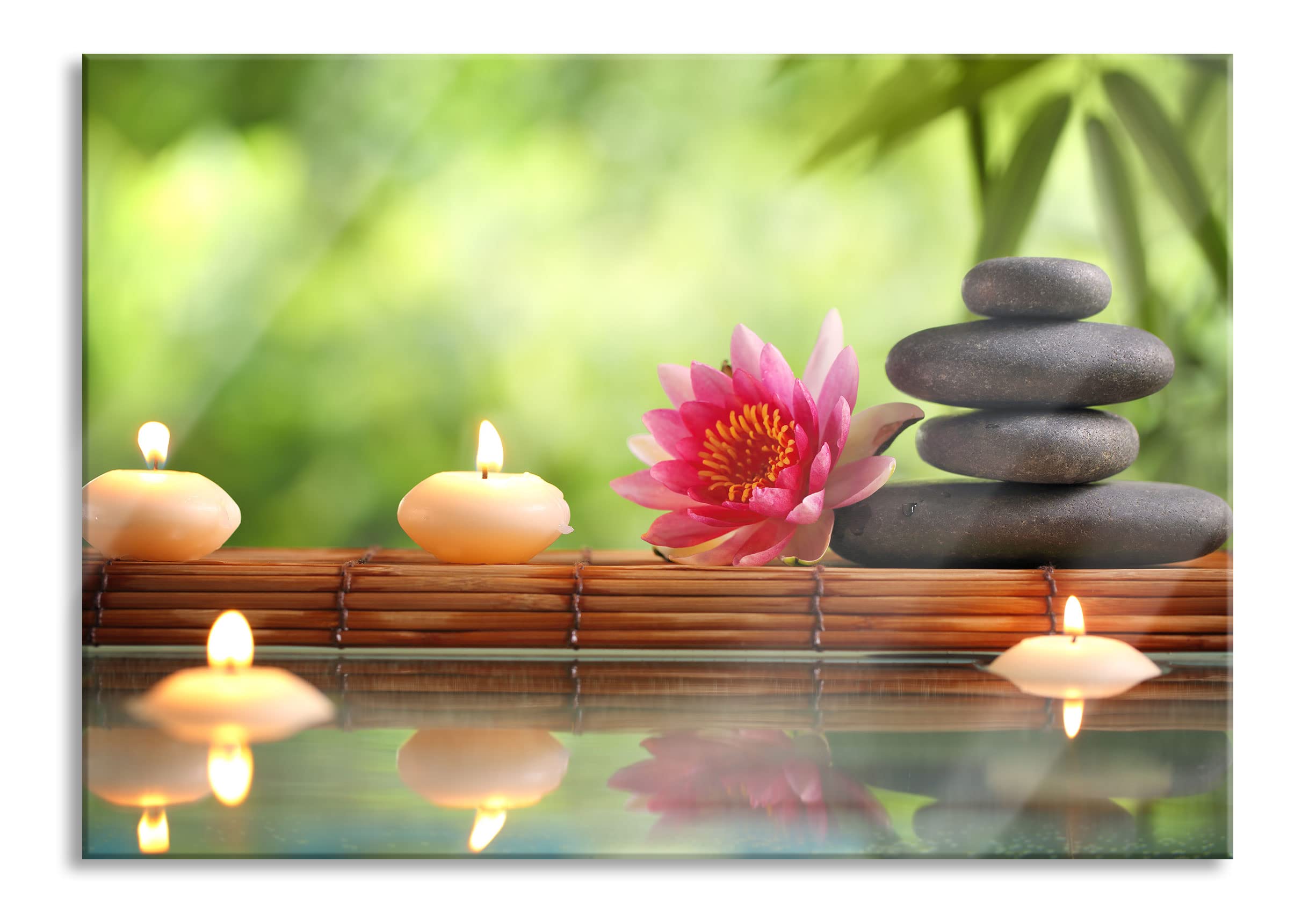 Pixxprint Glasbild, Wandbild aus Echtglas, Seerose mit Zen Steinen im Tempel, 80x60 cm, inkl. Aufhängung und Abstandshalter