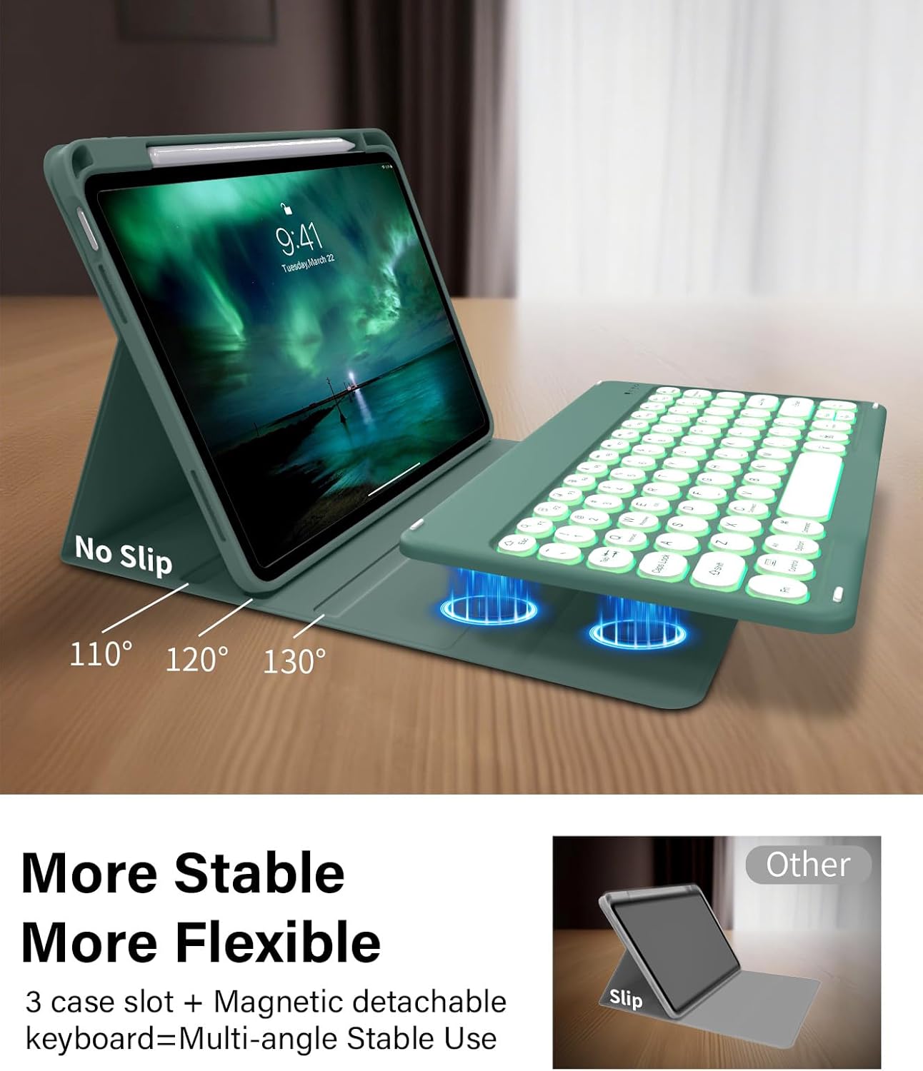JKSML for iPad (A16) 11th/10th Gen case with Keyboard, Round Key, 7 Color Backlit, Detachable Wireless Keyboard, Stand Folio Cover with Side Pen Holder for iPad 10.9" (2022)/ 11" (2025) - Green