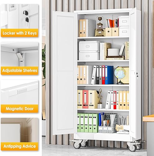 Miniatura 5 de Armario de almacenamiento de garaje de metal de 71 pulgadas de alto con ruedas, archivadores de acero con 2 puertas y 4 estantes ajustables para