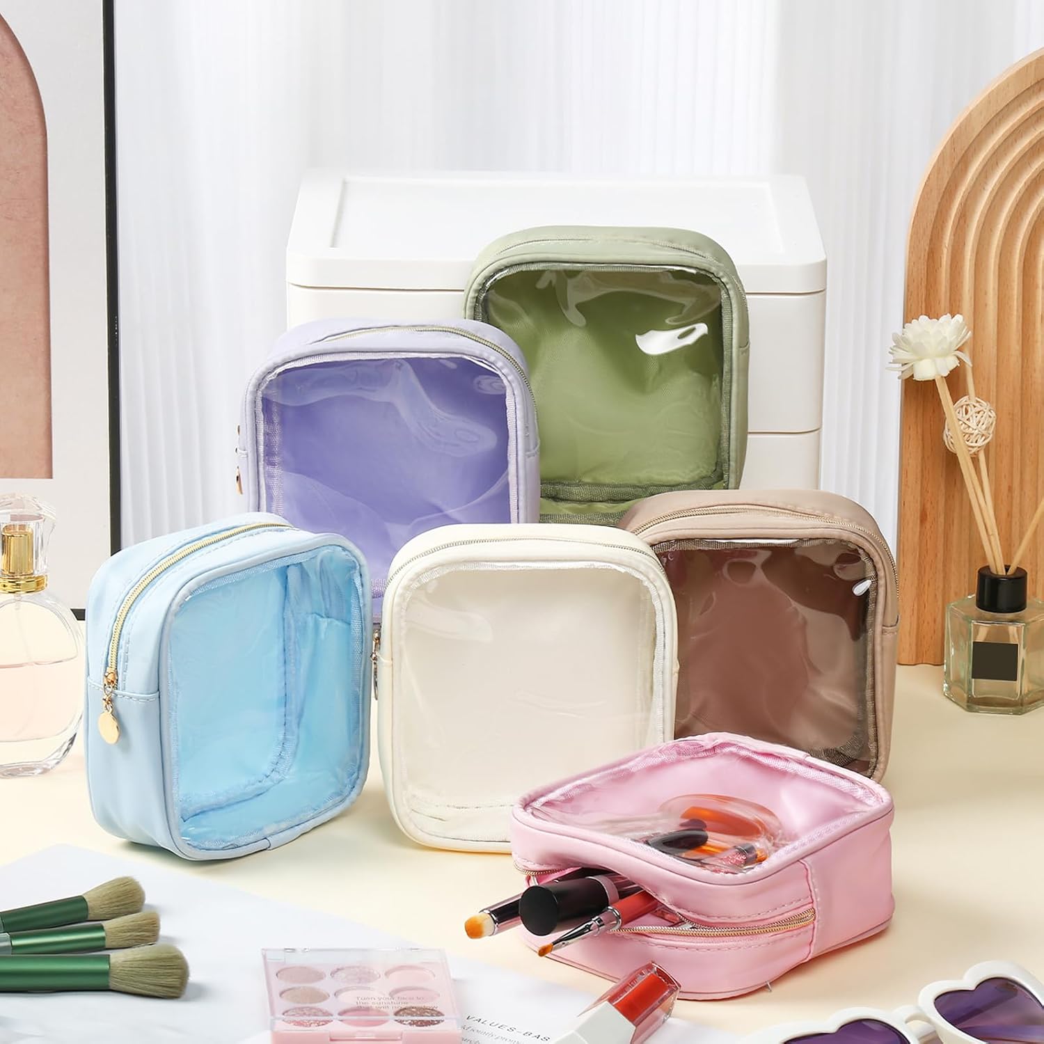 Kacctyen 6 Pcs Clear Mini Makeup Bags Nylon Square Pouch with Zipper Small Cosmetic Bag for Purse Transparent Preppy Bags Travel Toiletry Essentials Storage for Women Girls DIY Chenille Letter