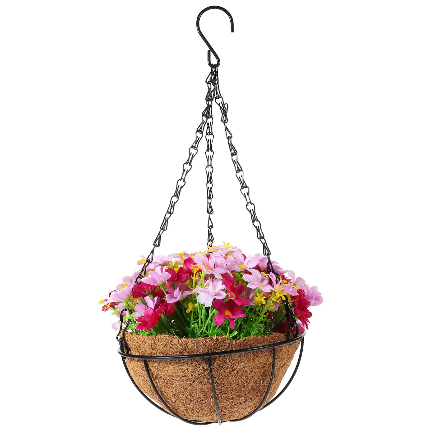 Panier suspendu en soie et métal avec fleurs artificielles au rendu naturel