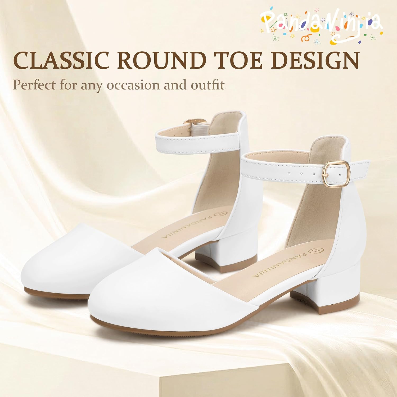 PANDANINJIA Girls Heels Dress Shoes Flower Girl Closed Toe Heels Ankle Strap Wedding Party School Miya Toddler Little Big Kid Pump Shoes
