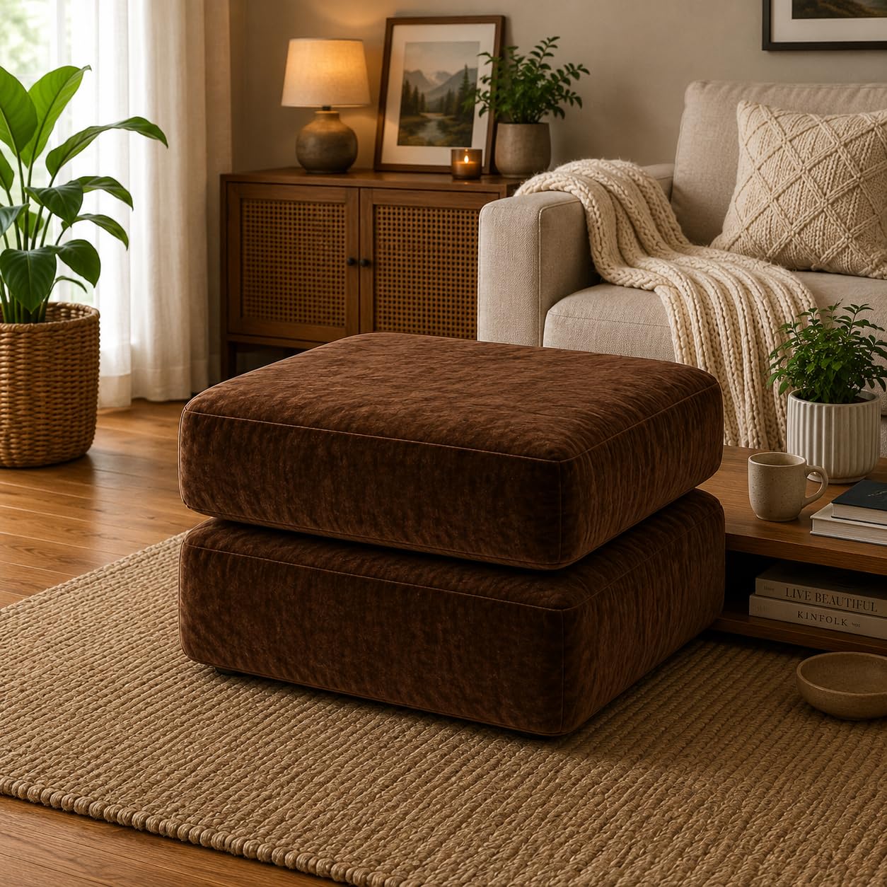 Velvet Sofa Cushion 21x22x5 Inches High Density 32 Foam Seat Cushion Soft & Comfortable Sofa Gaddi with Zippered Cover | Multipurpose Cushion for Sofa (Brown, Pack of 2)-image-0