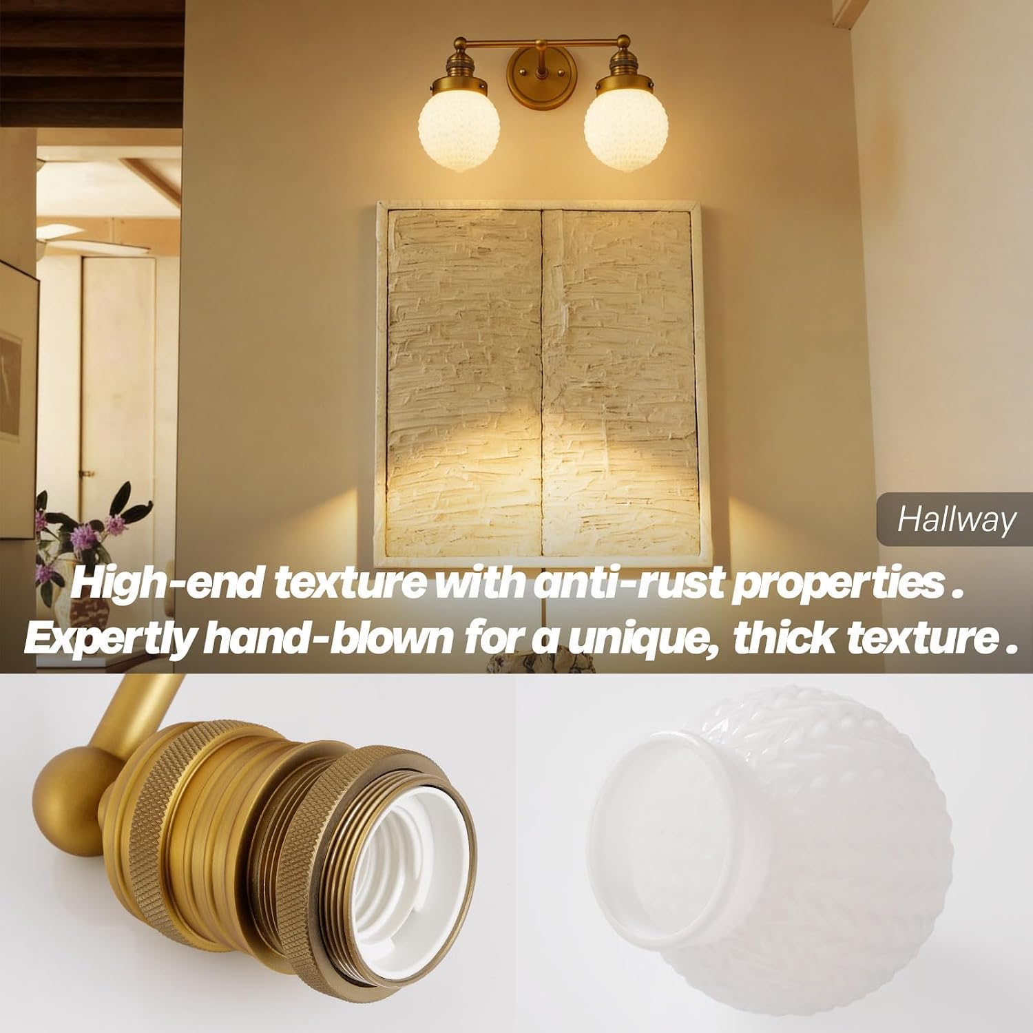 2-Light Bathroom Vanity Light Vintage Gold Wall Sconce with Milky White Glass Soft Glare-Free & Easy-Clean Hardwired E26 Double Sconce Lights for Bathroom Mirror & Kitchen Over Sink