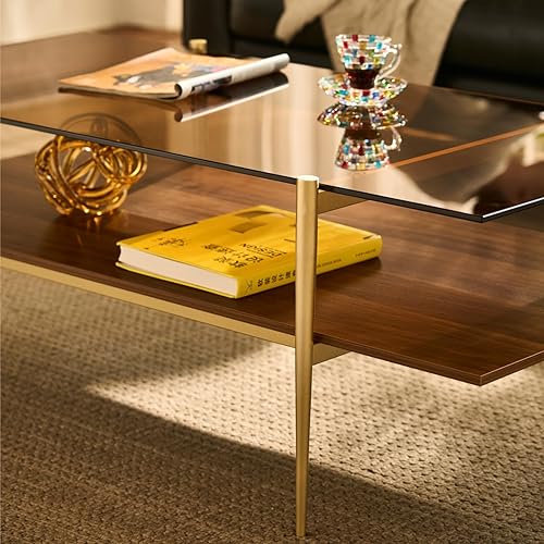 Miniatura 59 de Saint Mossi Tadio - Mesa de centro de vidrio de doble capa para sala de estar, estante inferior de MDF marrón y café Vidrio marrón y marrón