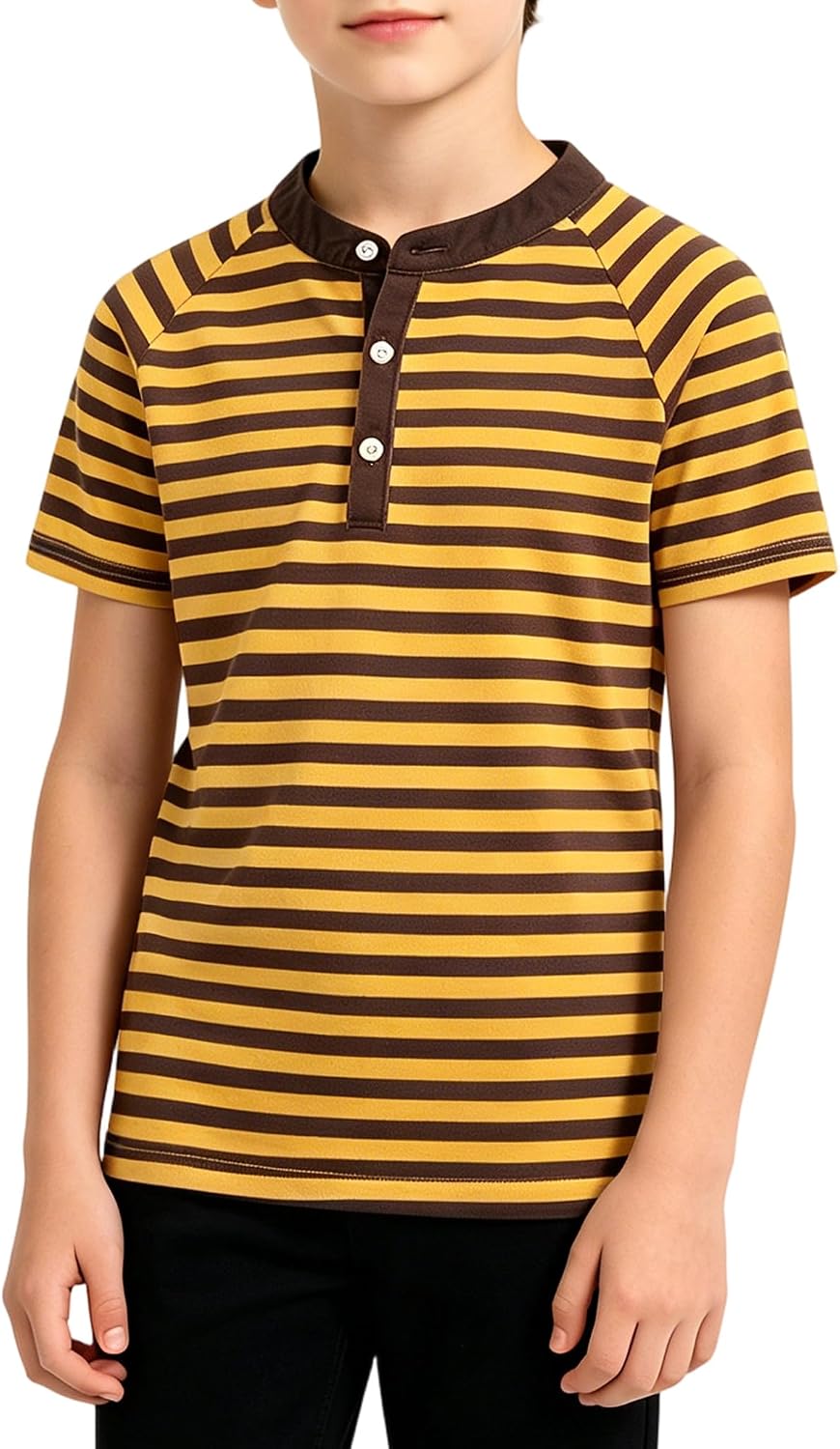 Boys Kids Stripe Shirt Henley Neck Button Down Short Sleeve T-Shirts Size 6-14Y