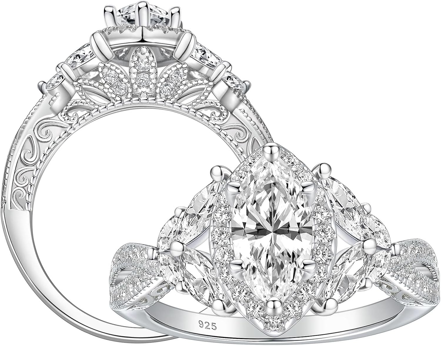 SHELOVES Art Deco Marquise Cluster Halo Wedding Engagement Rings For Women AAAAA CZ 925 Sterling Silver Sz 5-10