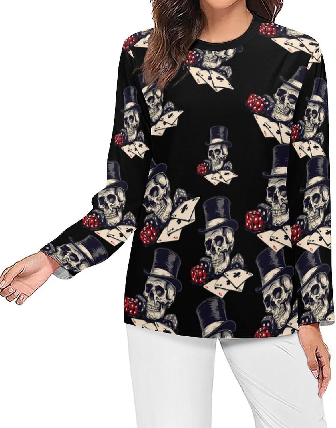 Poker Skull Player Women's Pajama Top Sleepwear Pajamas Sleep T-Shirt Long Sleeve Shirt Crewneck Tee