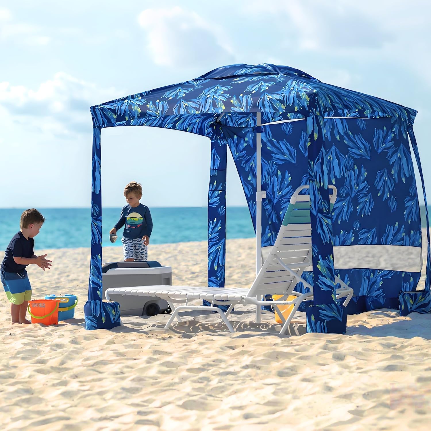 AMMSUN Beach Cabana, 6.2'×6.2' Beach Canopy, Easy Set up and Take Down, Cabana Tent with Sand Pockets, Instant Sun Shade with Side Wall, Coral Tropical